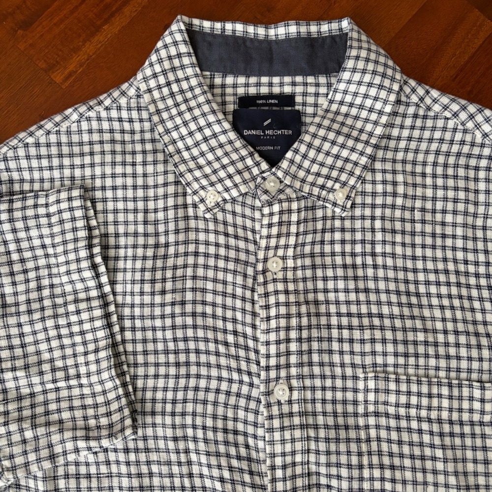 Daniel Hechter Short Sleeve White Navy Plaid Linen Button Up Shirt L